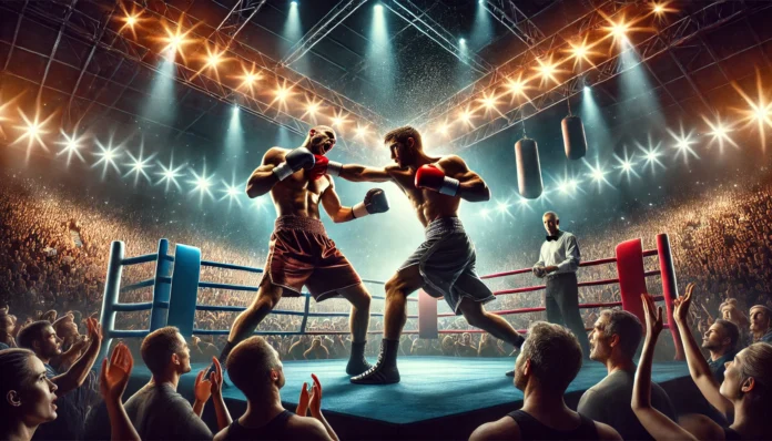 Mike delivering a knockout punch in a dramatic boxing match under stadium lights.